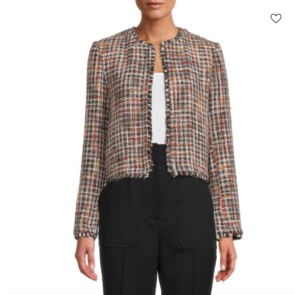 Calvin Klein Women's Multicolor Fringe-Trim Open-Front Tweed Jacket Size 12 - Picture 1 of 7